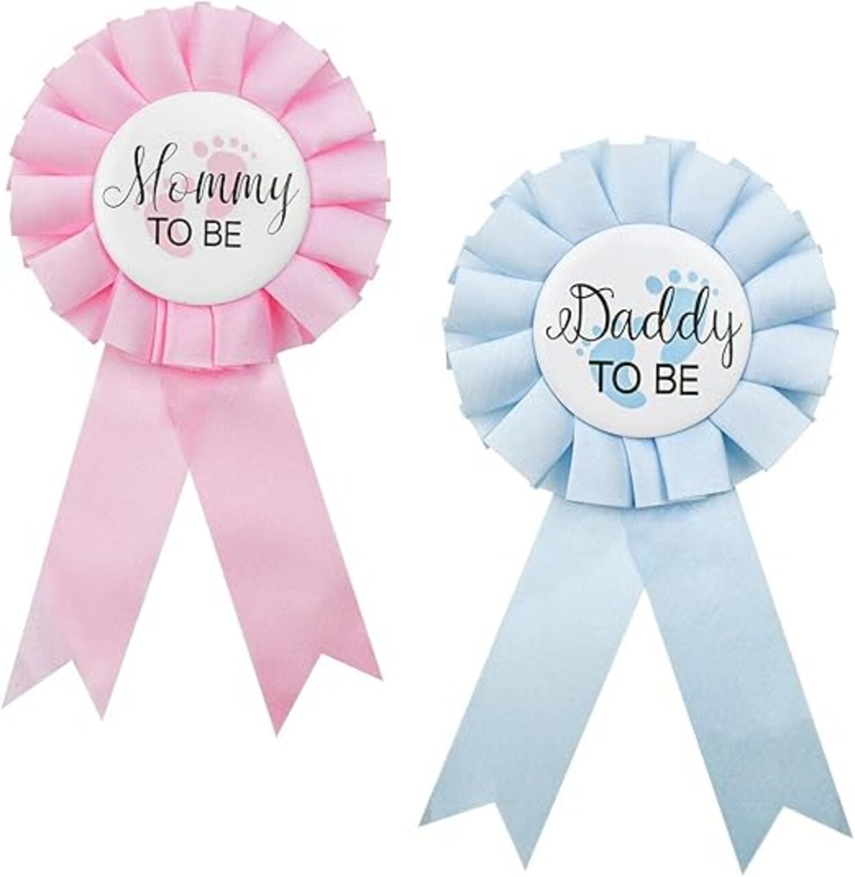 2 Pieces Daddy and Mommy To Be Tinplate Badge Pin, Celebration Gender Reveal Party Favor New Dad Mom Gifts Rosette Buttons with Ribbon Baby Shower Decorations (Pink + Blue)